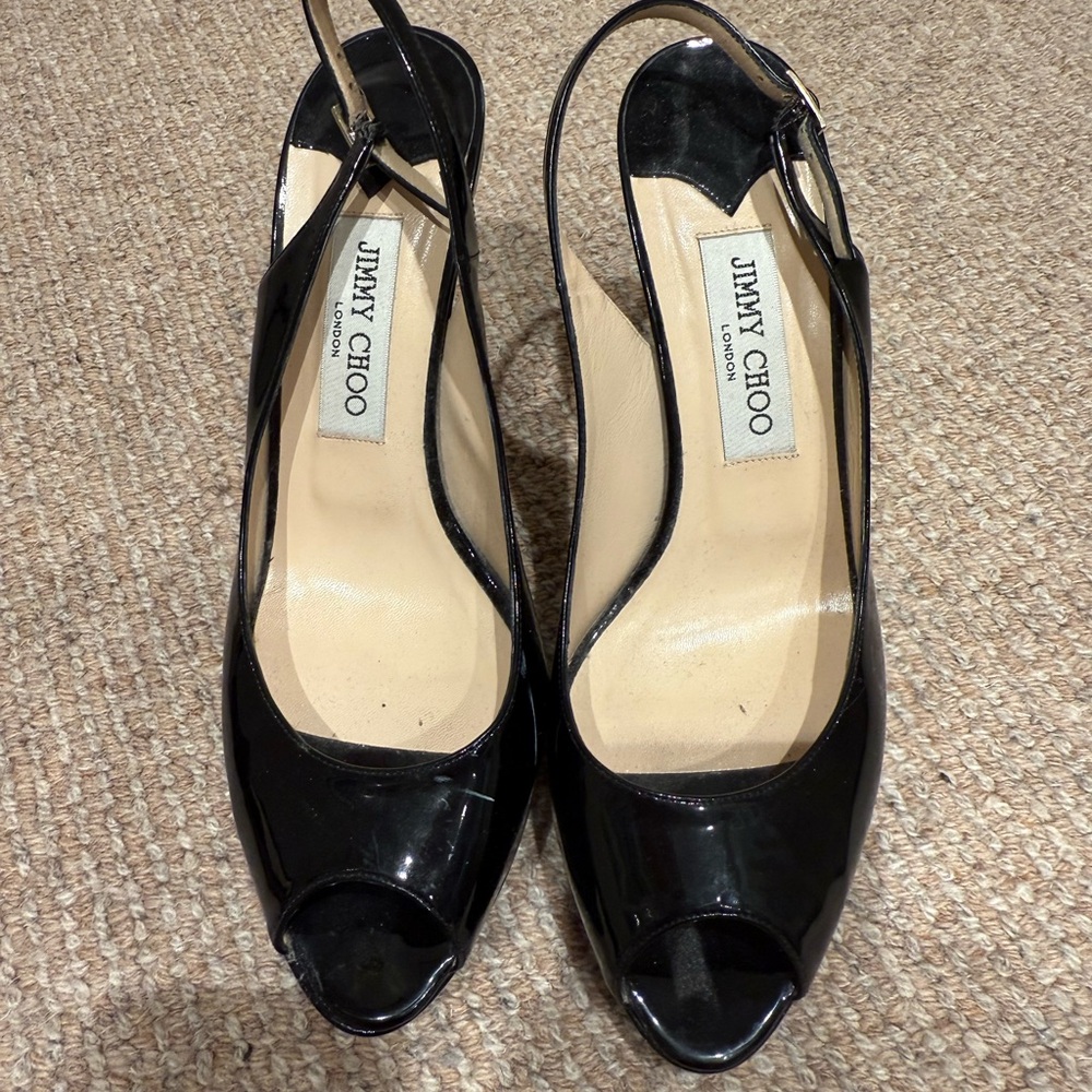 Jimmy Choo Glossy Black Peep-Toe Slingbacks
